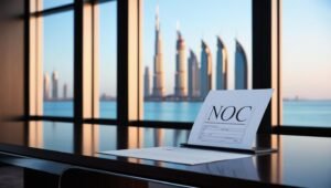 No Objection Certificate - A sleek modern desk in a Dubai office with a single NOC document, large window softly showing the Dubai skyline in the background.