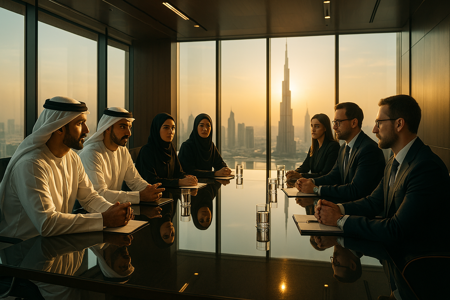 Dubai Business Etiquette group of professionals in Dubai having a meeting with Burj Khalifa in the background, showing respect and collaboration across cultures.
