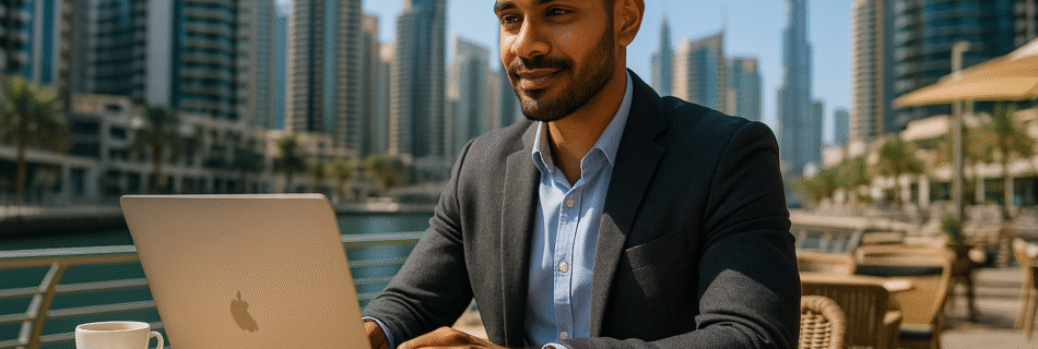 Entrepreneur starting a business in Dubai without money using a laptop