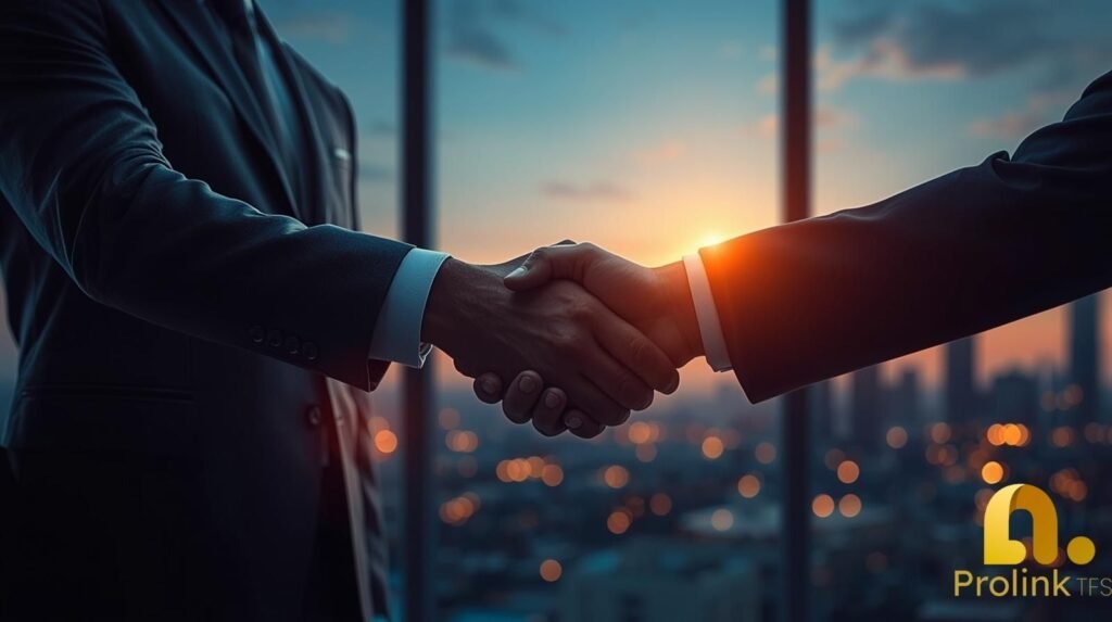 A confident entrepreneur or consultant shaking hands with a client.