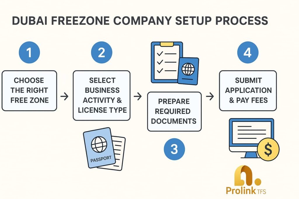 dubai freezone company setup - Infographic showing Dubai free zone company setup process from selection to license issuance.