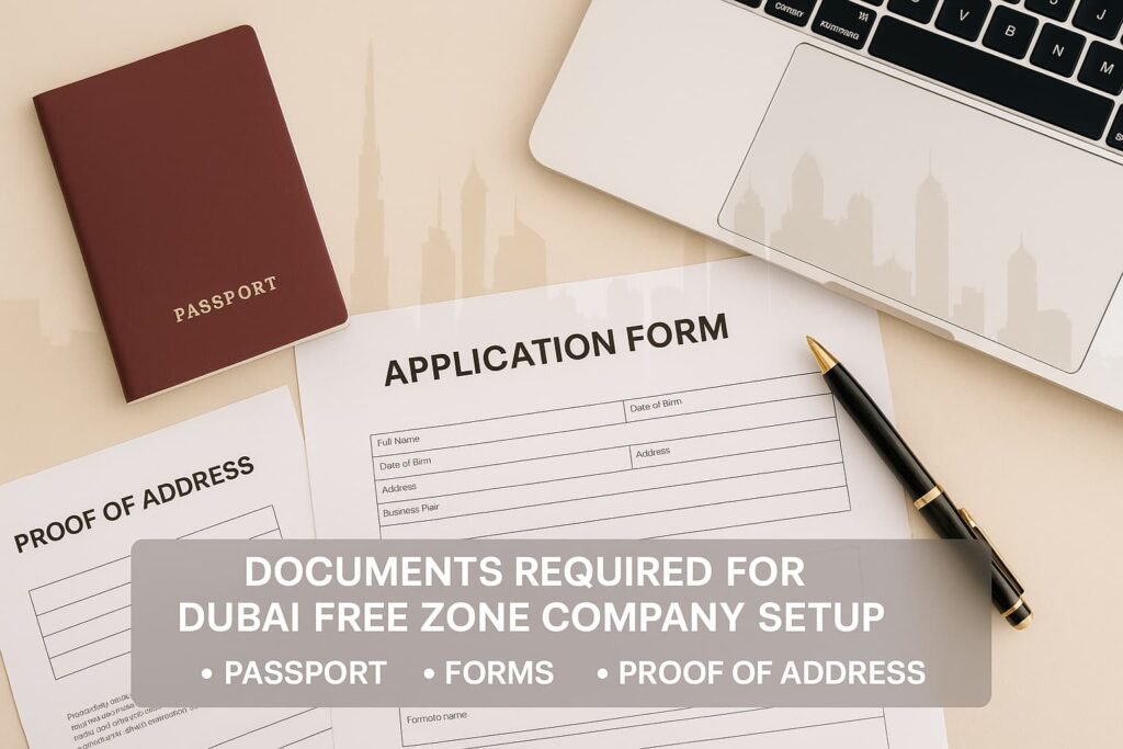 Documents required for Dubai free zone company setup — passport, forms, and proof of address.