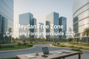 Hero banner of Meydan Free Zone business district in Dubai with modern office towers and soft morning light