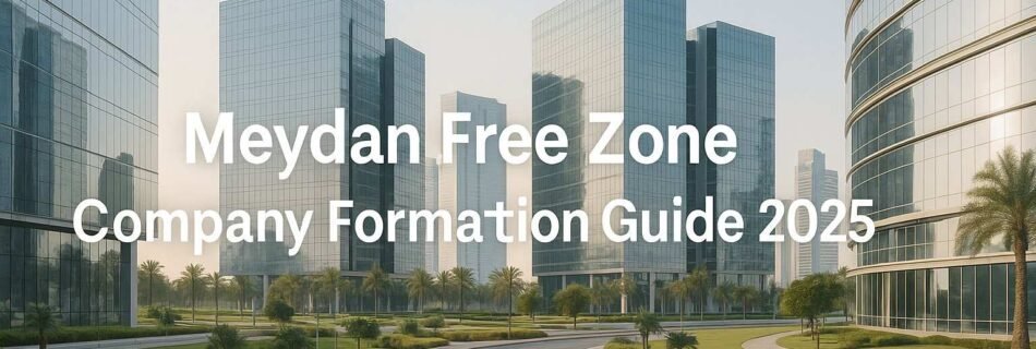 Hero banner of Meydan Free Zone business district in Dubai with modern office towers and soft morning light