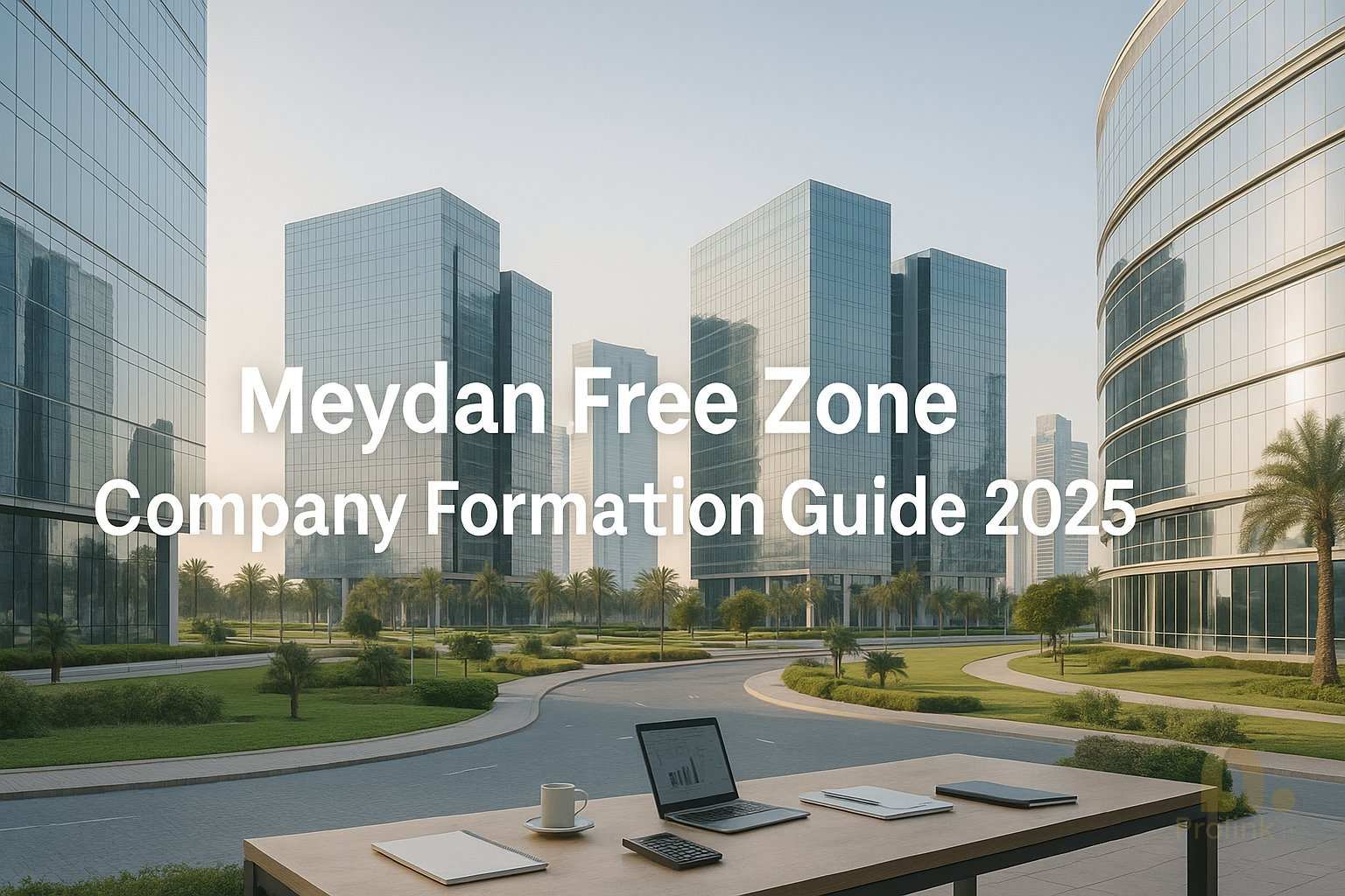 Hero banner of Meydan Free Zone business district in Dubai with modern office towers and soft morning light