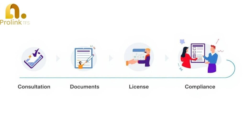 A “workflow” or “roadmap” graphic showing steps (Consultation → Documents → License → Visa → Compliance).