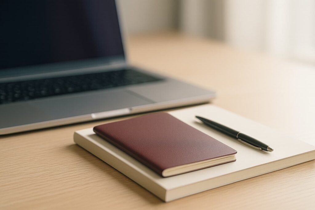 IFZA License Cost - Minimal founder desk setup with passport and laptop in soft light.