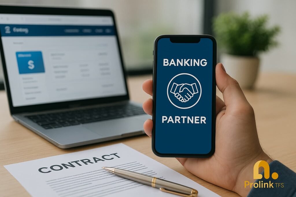 Business banking onboarding scene showing smartphone and contract on desk, symbolizing professional banking support for Meydan Free Zone companies