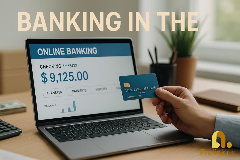 Business banking onboarding scene showing documents and debit card for Meydan Free Zone company account setup.