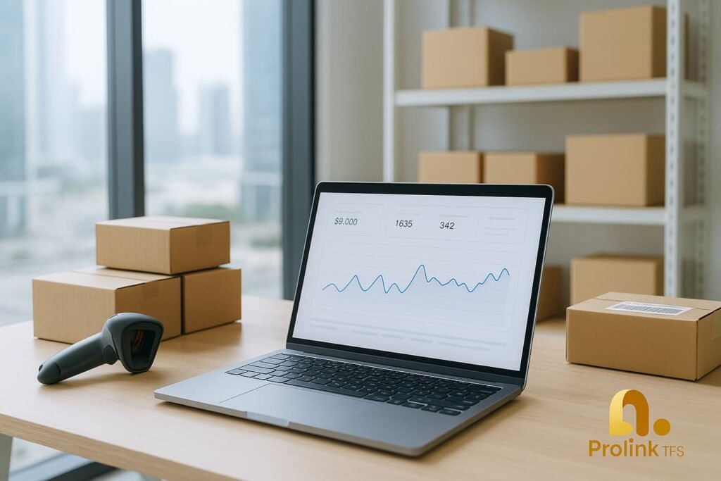 meydan free zone faq - E-commerce workspace with laptop showing analytics, parcels, and barcode scanner, representing online business setup in Meydan Free Zone