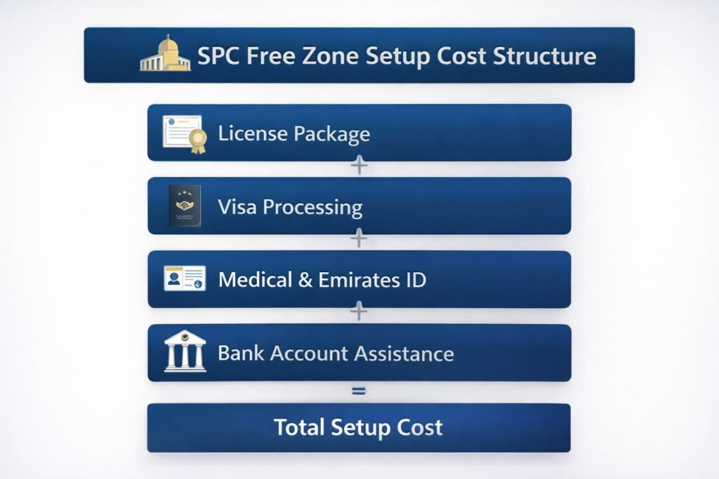 SPC Free Zone setup cost structure infographic showing license package, visa processing, medical and Emirates ID, bank account assistance, and total setup cost