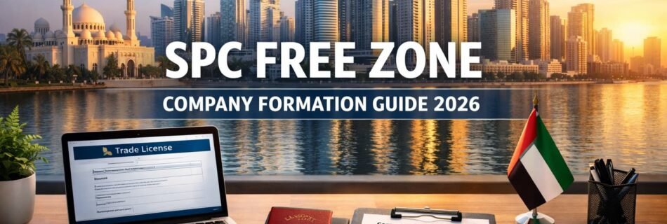 SPC Free Zone company formation guide 2026 featured image showing UAE business skyline, trade license paperwork, laptop, passport, and company registration desk setup