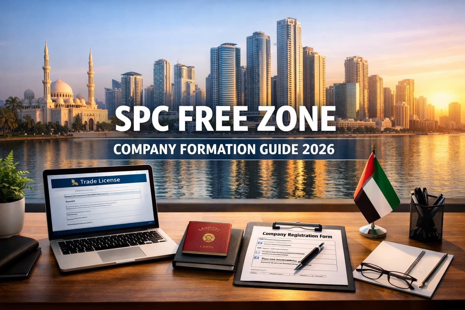 SPC Free Zone company formation guide 2026 featured image showing UAE business skyline, trade license paperwork, laptop, passport, and company registration desk setup